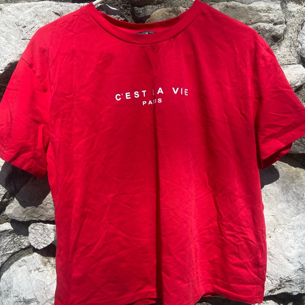 From Shein, red tee